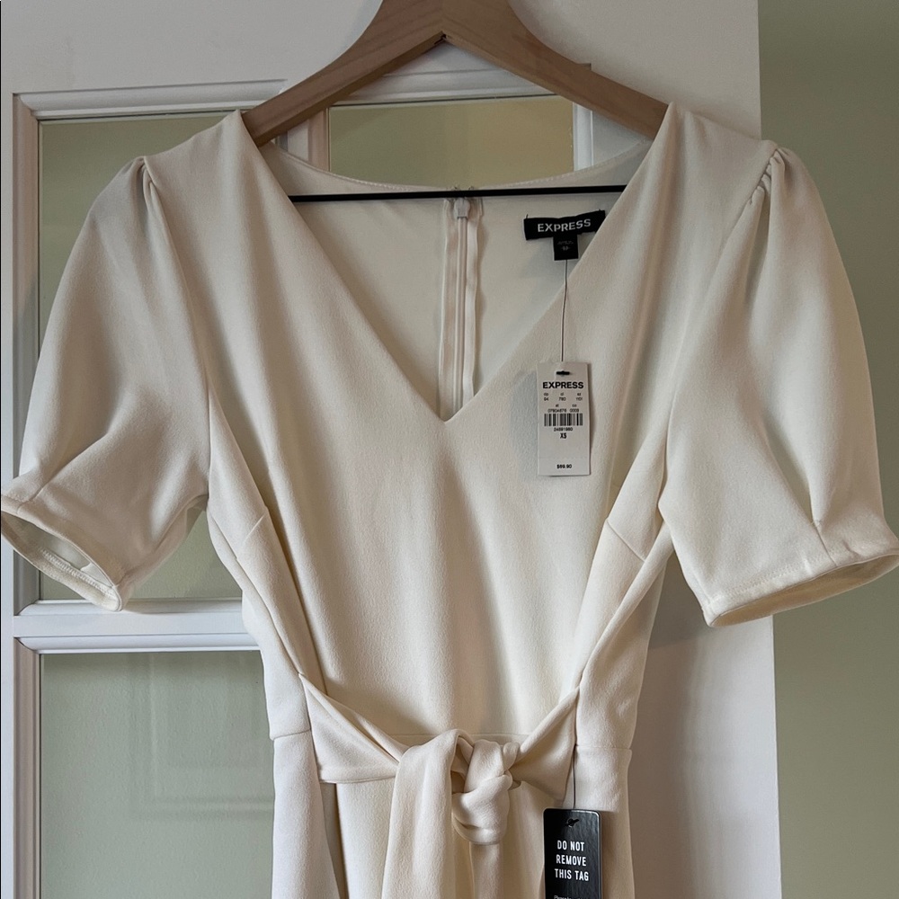 Express Cream Midi Dress with Tie Waist - Picture 2 of 5